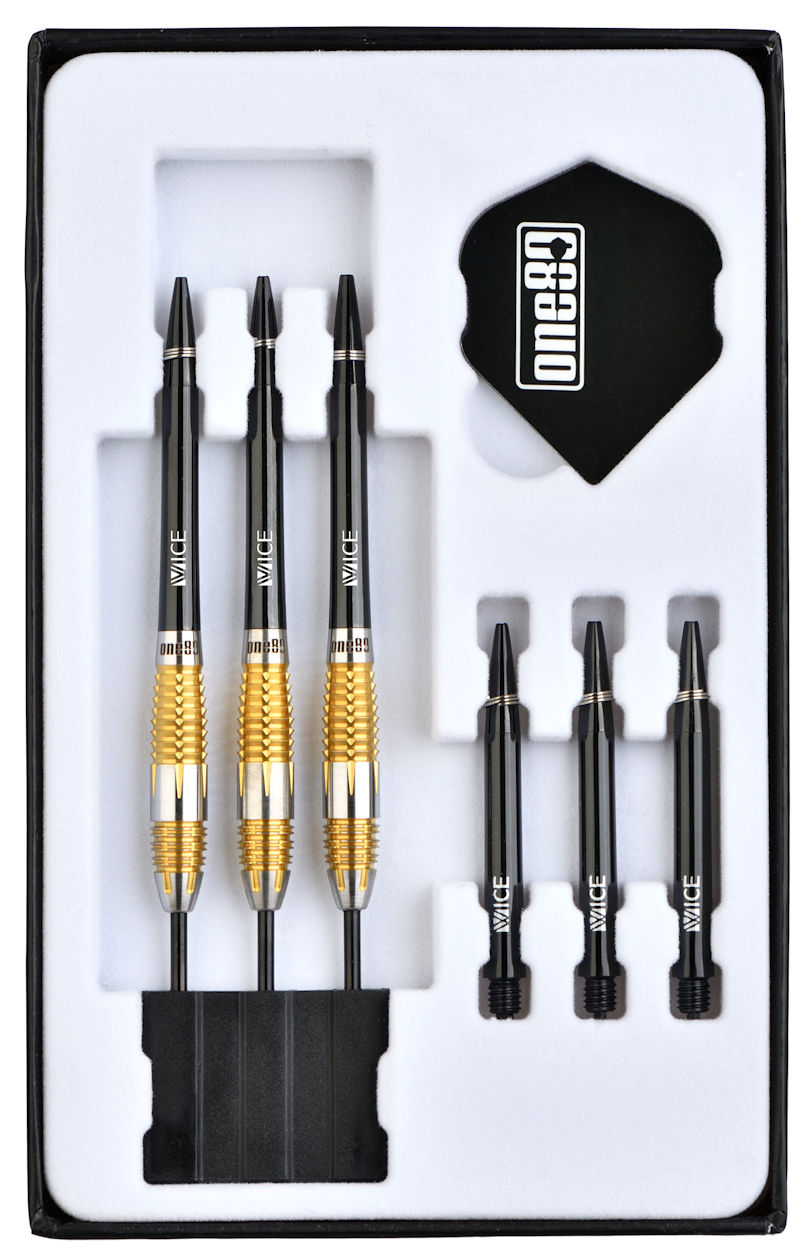 One80 Peter Machin v2 Steel Tip Darts 90% Tungsten — darts and accessories in the display tray