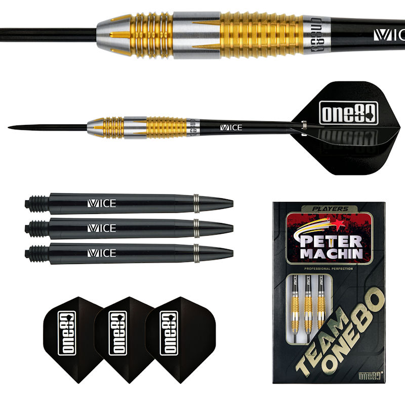One80 Peter Machin v2 Steel Tip Darts 90% Tungsten — set contents and packaging