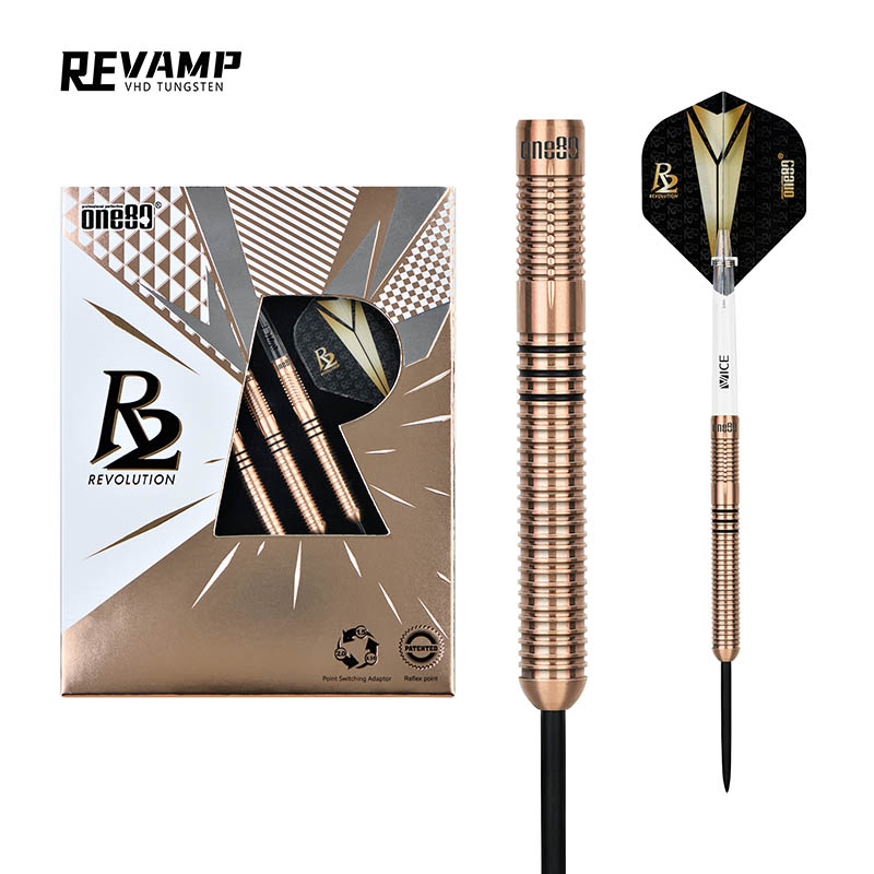 One80 R2 Revamp Steel Tip Darts 90% Tungsten — dart, barrel detail and packaging