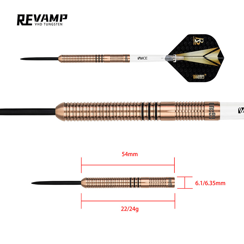 One80 R2 Revamp Steel Tip Darts 90% Tungsten — dart and barrel dimensions chart