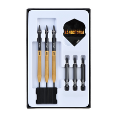 One80 Sandstorm S1 Steel Tip Darts 90% Tungsten — darts and accessories in the display tray