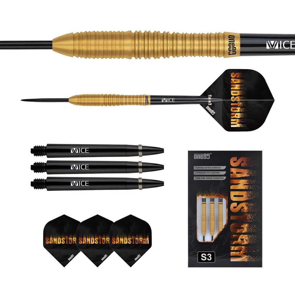 One80 Sandstorm S3 gold 90% tungsten dart with Vice shafts close view