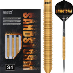 One80 Sandstorm S4 Steel Tip Darts 90% Tungsten — dart, barrel detail and packaging