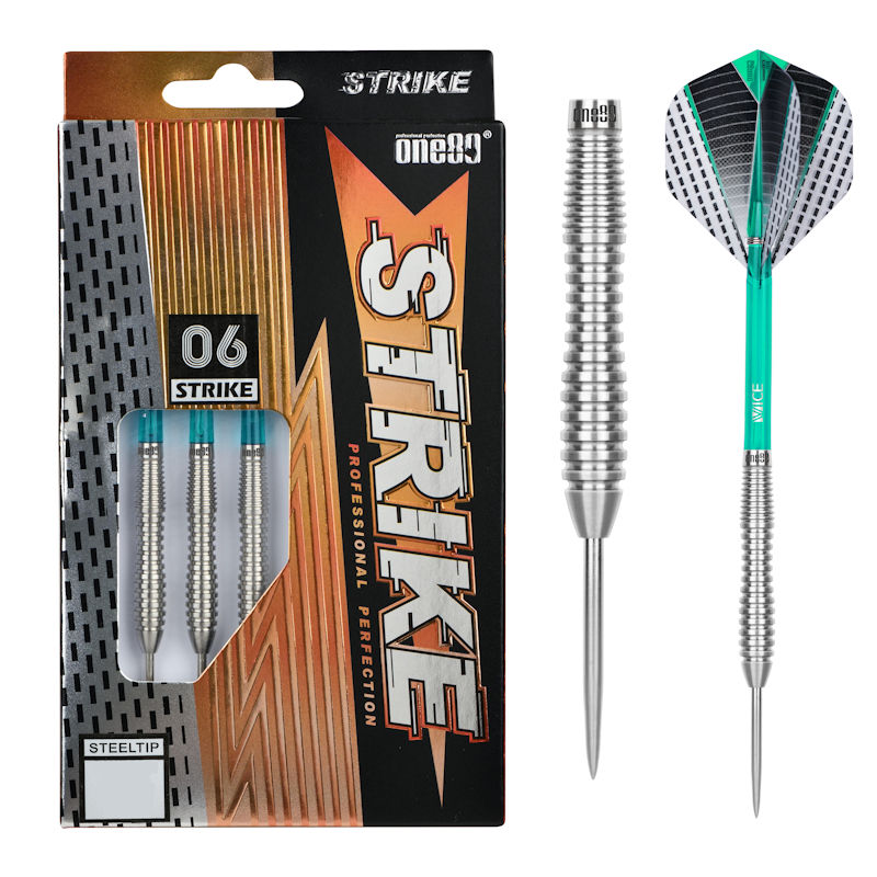 One80 Strike 06 Steel Tip Darts 80% Tungsten — dart and packaging