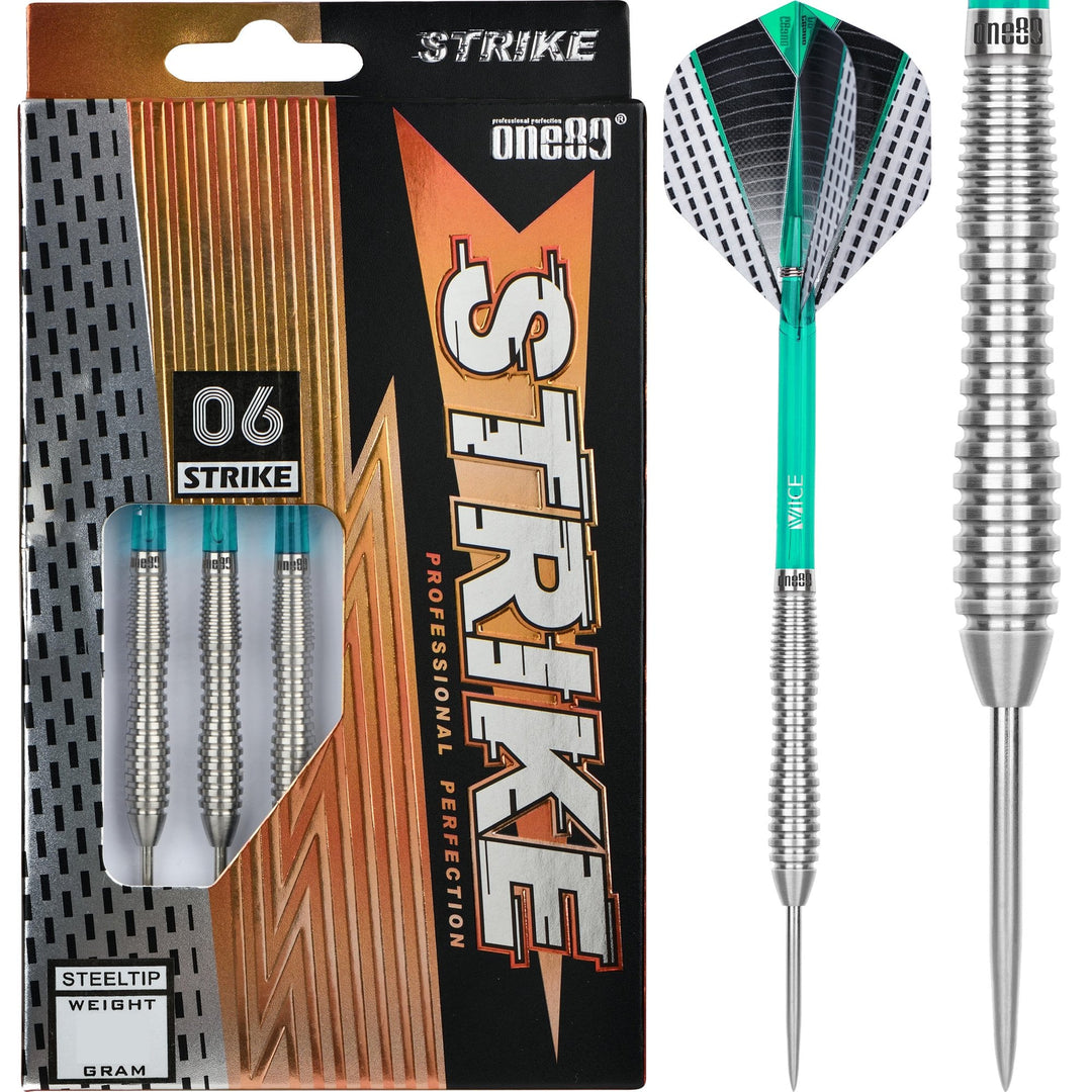 One80 Strike 06 Steel Tip Darts 80% Tungsten — dart, barrel detail and packaging