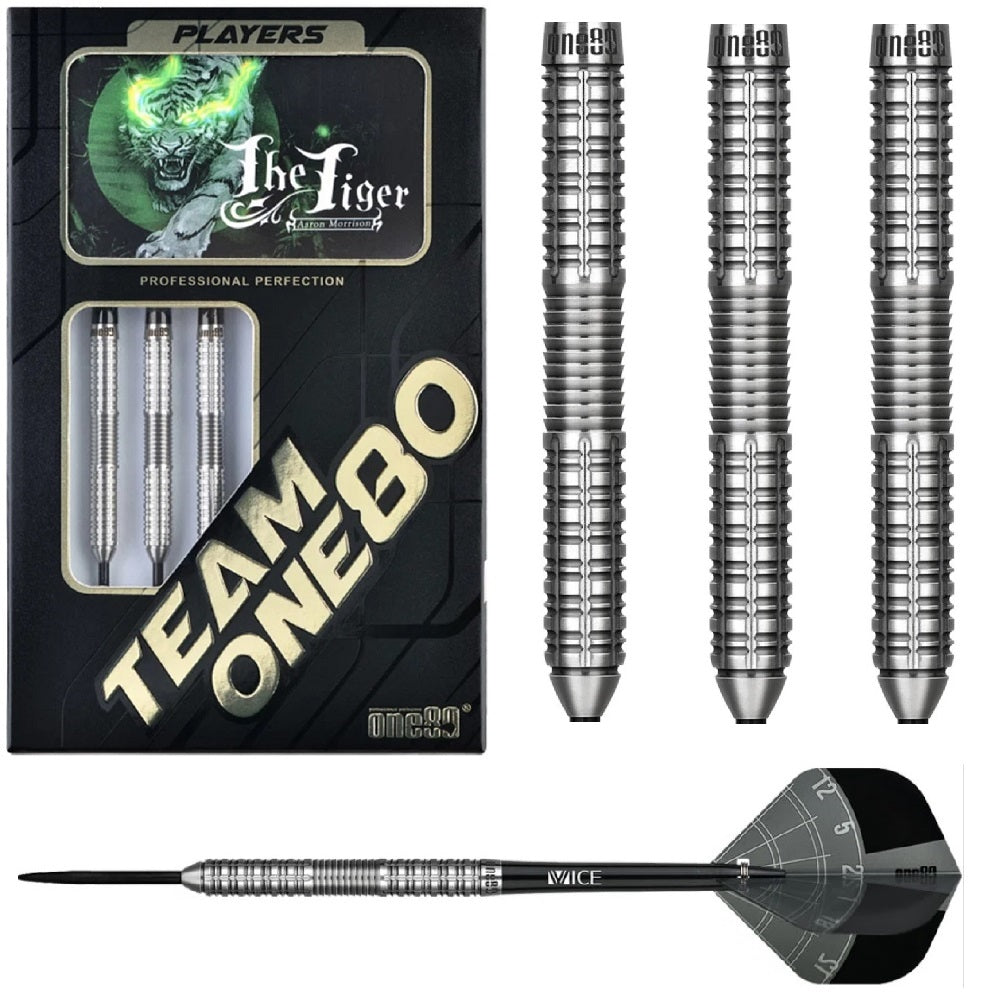 One80 'The Tiger' Aaron Morrison Steel Tip Darts 90% — set contents and packaging