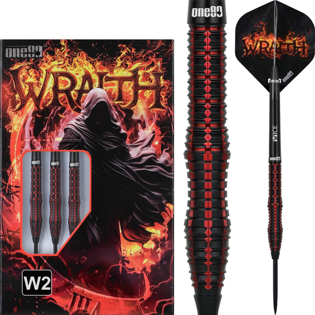 One80 Wraith W2 Steel Tip Darts 90% Tungsten — dart, barrel detail and packaging
