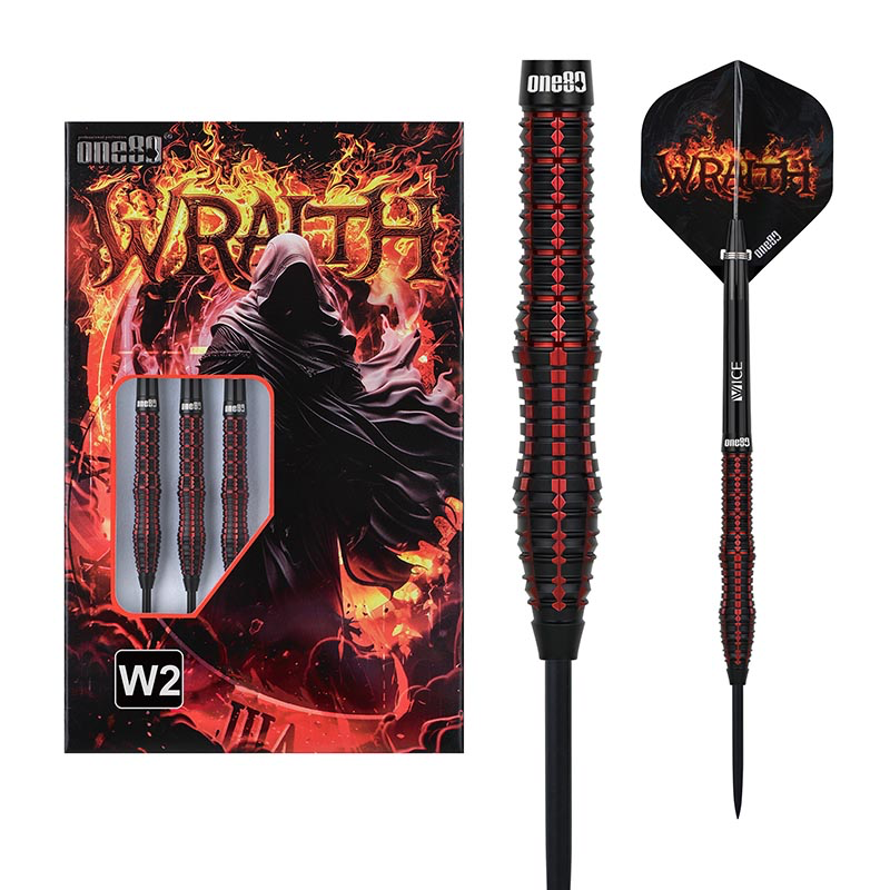 One80 Wraith W2 Steel Tip Darts 90% Tungsten — dart, barrel detail and packaging