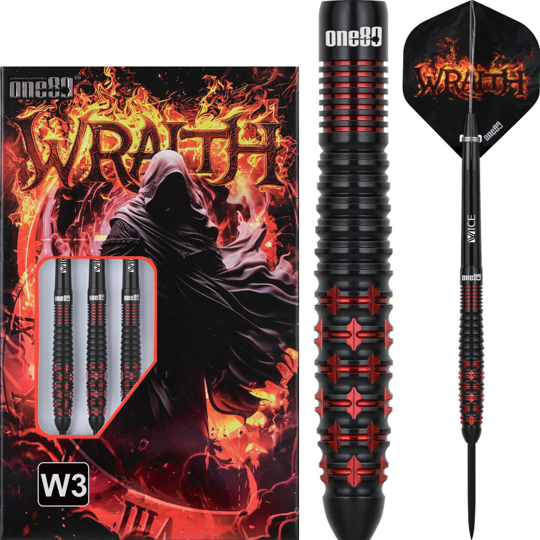 One80 Wraith W3 Steel Tip Darts 90% Tungsten — dart, barrel detail and packaging