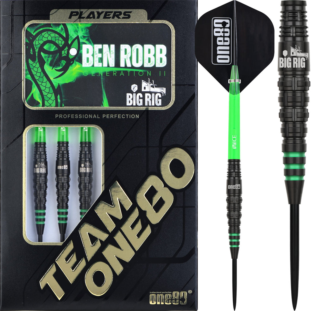 One80 Ben Robb 'Big Rig' V2 Steel Tip Darts 90% Tungsten — dart, barrel detail and packaging
