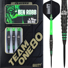 One80 Ben Robb 'Big Rig' V2 Steel Tip Darts 90% Tungsten — dart, barrel detail and packaging