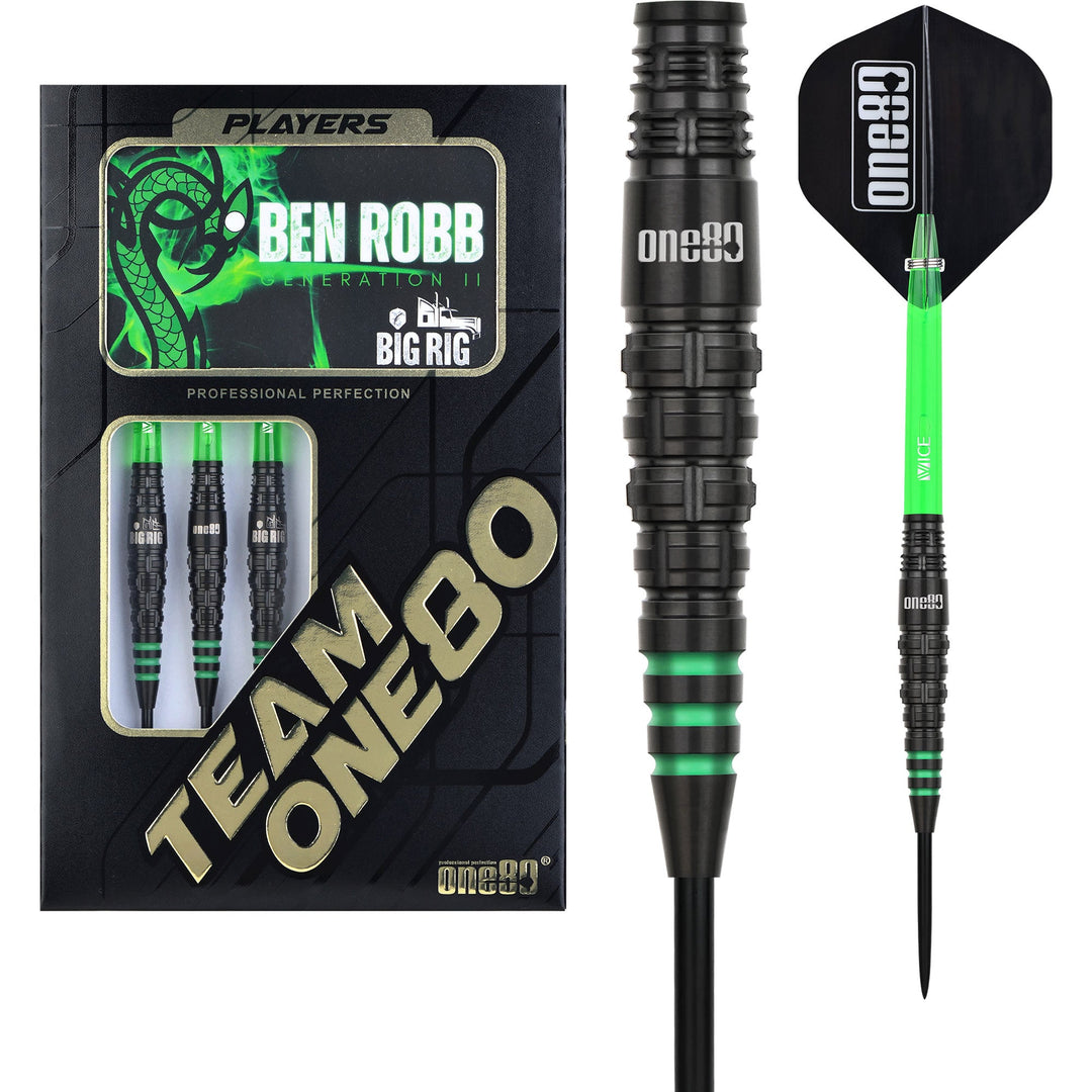 One80 Ben Robb 'Big Rig' V2 Steel Tip Darts 90% Tungsten — dart, barrel detail and packaging