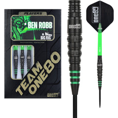 One80 Ben Robb 'Big Rig' V2 Steel Tip Darts 90% Tungsten — dart, barrel detail and packaging