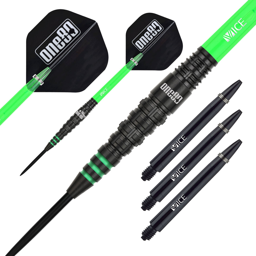 One80 Ben Robb 'Big Rig' V2 Steel Tip Darts 90% Tungsten — set contents and packaging