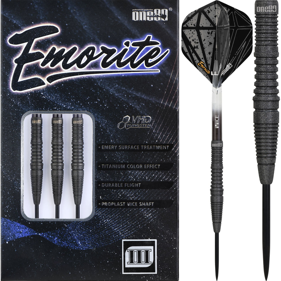 One80 Emorite 03 Black Steel Tip Darts 90% Tungsten — dart, barrel detail and packaging