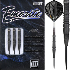 One80 Emorite 03 Black Steel Tip Darts 90% Tungsten — dart, barrel detail and packaging