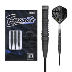 One80 Emorite 03 Black Steel Tip Darts 90% Tungsten — dart, barrel detail and packaging