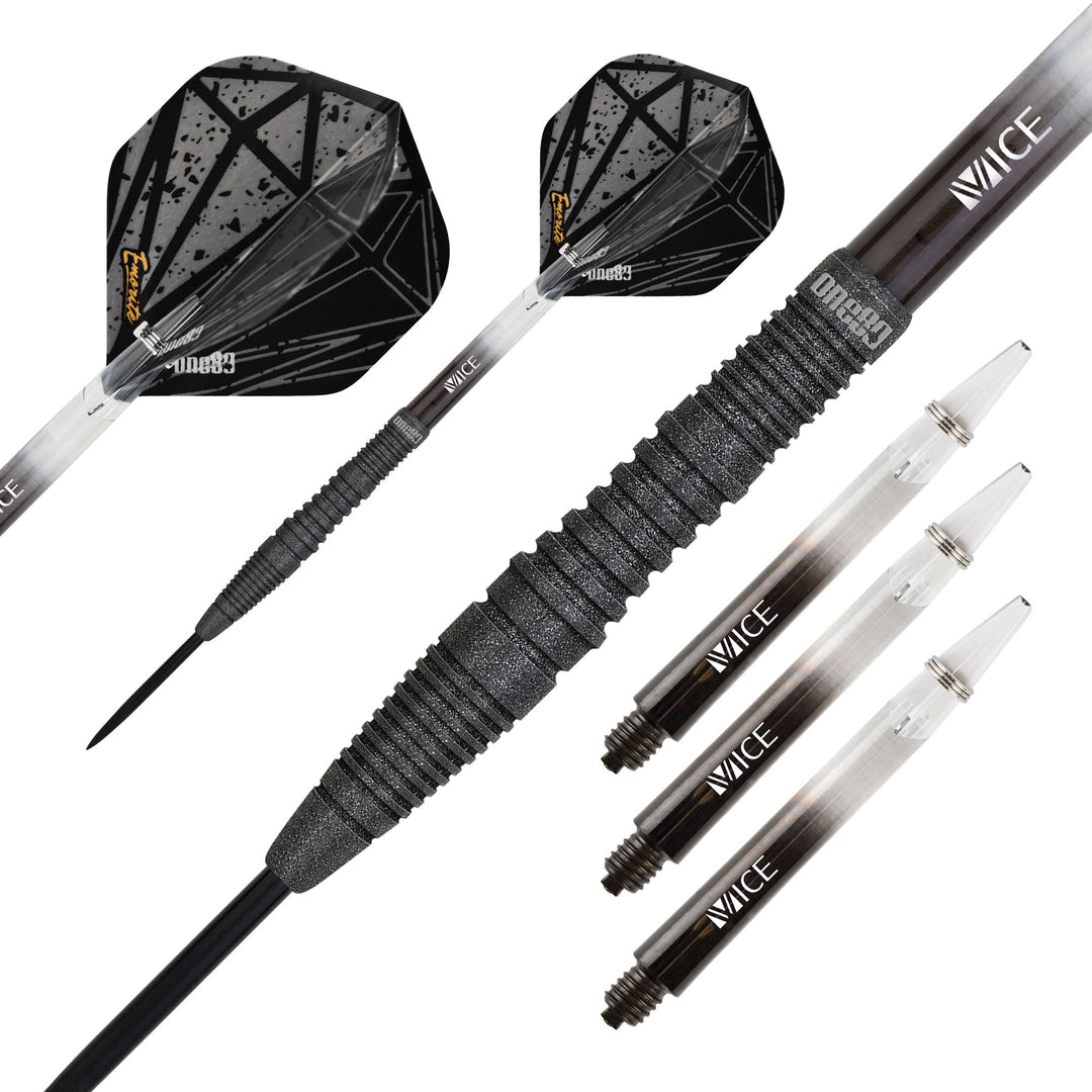 One80 Emorite 03 Black Steel Tip Darts 90% Tungsten — set contents and packaging