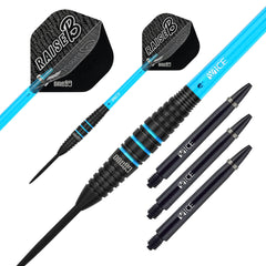 One80 Raise B Aqua Steel Tip Darts 80% Tungsten — set contents and packaging