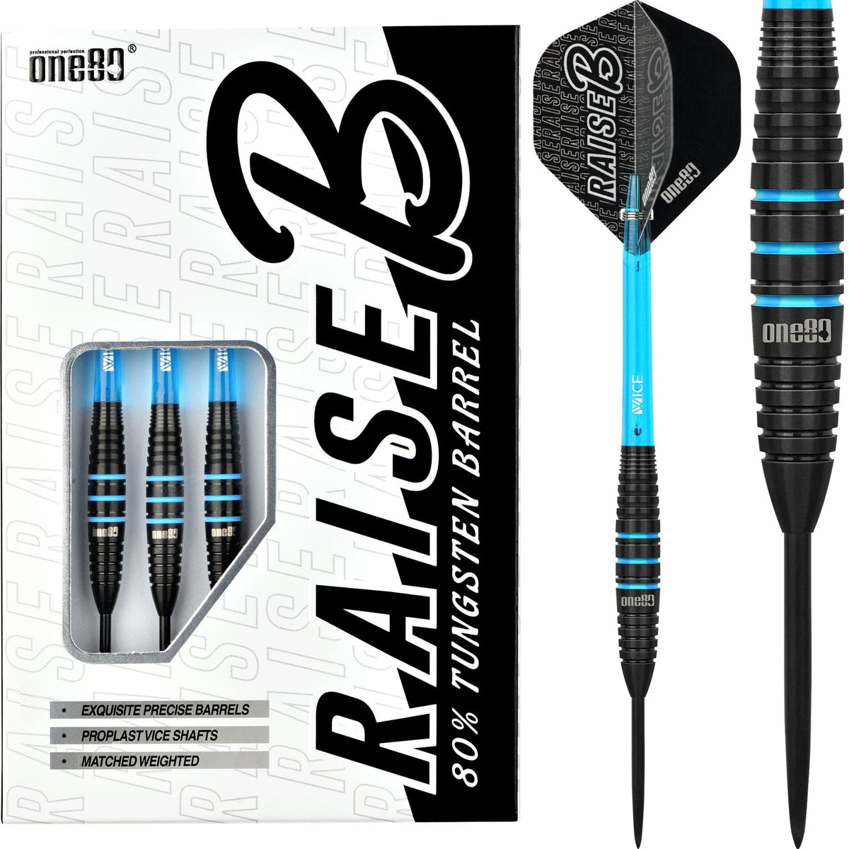Raise B Aqua Steel Tip Darts - 80% Tungsten — three barrel close-ups