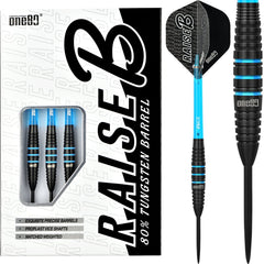 One80 Raise B Aqua Steel Tip Darts 80% Tungsten — dart, barrel detail and packaging