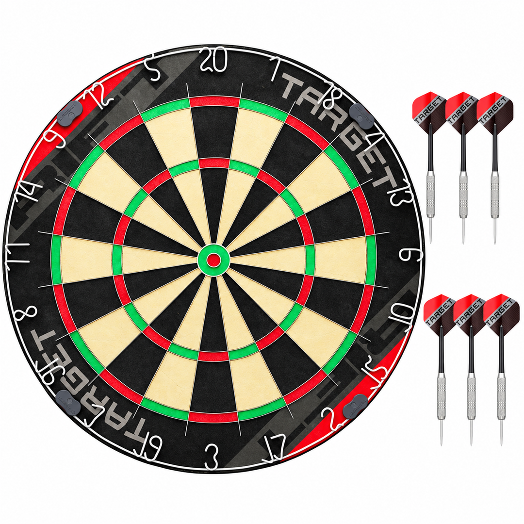 Target Rift dartboard set with two sets of three darts on white