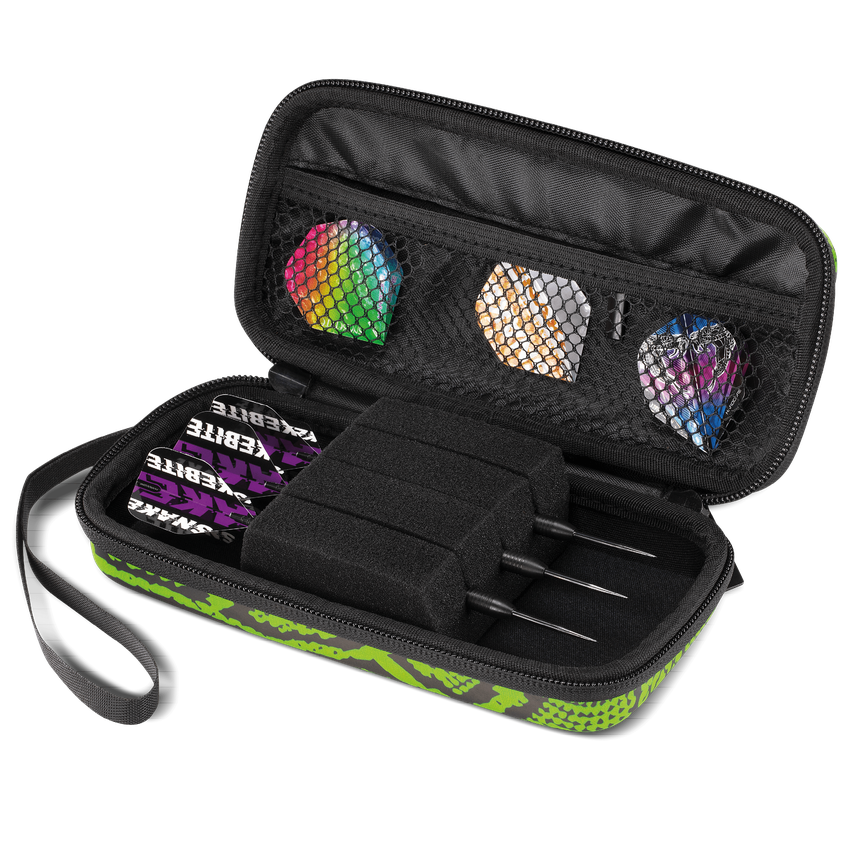 Red Dragon Peter 'Snakebite' Wright Monza Dart Case — open green case with darts and accessories