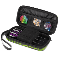 Red Dragon Peter 'Snakebite' Wright Monza Dart Case — open green case with darts and accessories