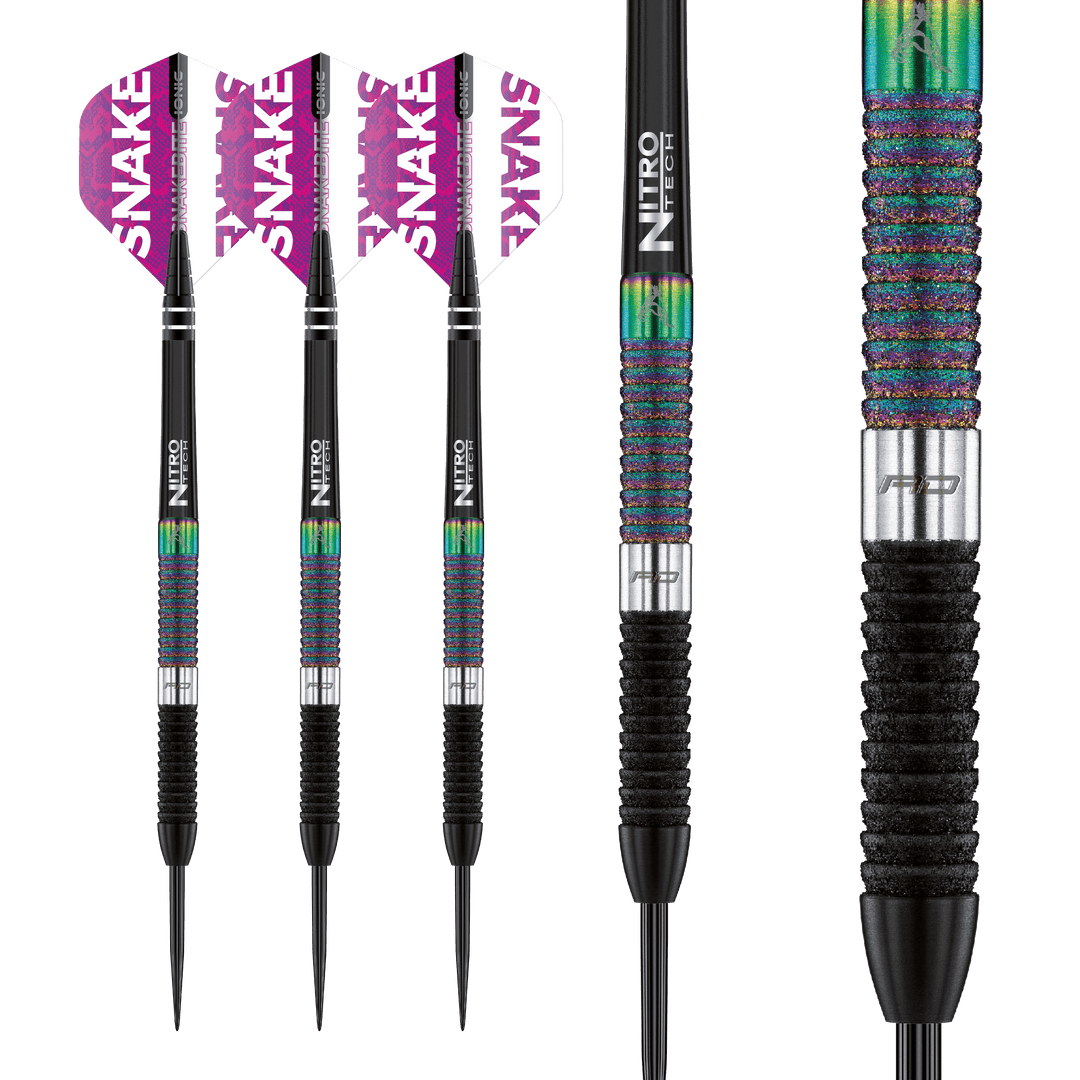 Red Dragon Peter Wright Double World Champion 90% Tungsten Darts — three darts and barrel close-up