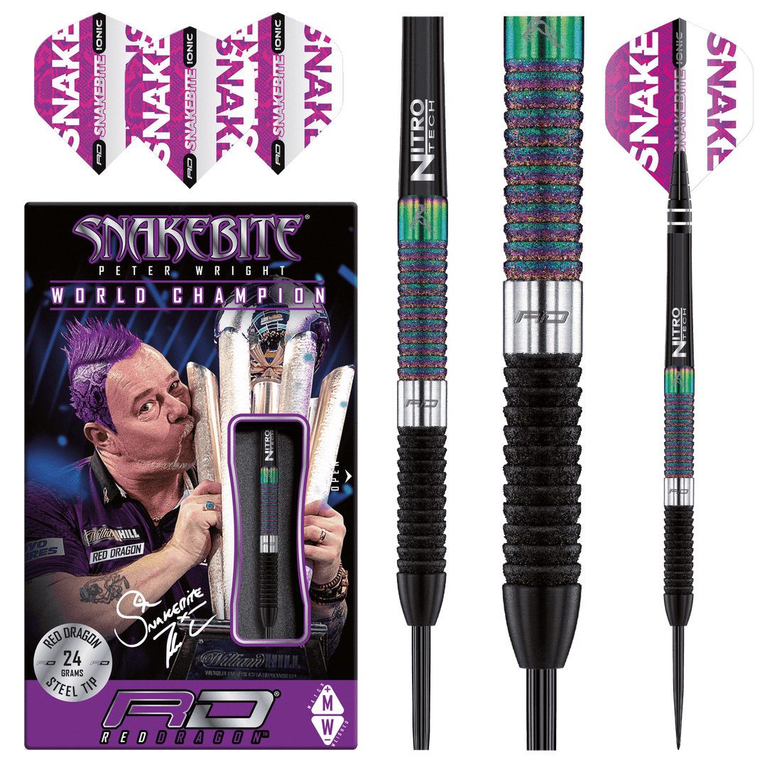 Red Dragon Peter Wright Double World Champion 90% Tungsten Darts — dart, barrel detail and packaging