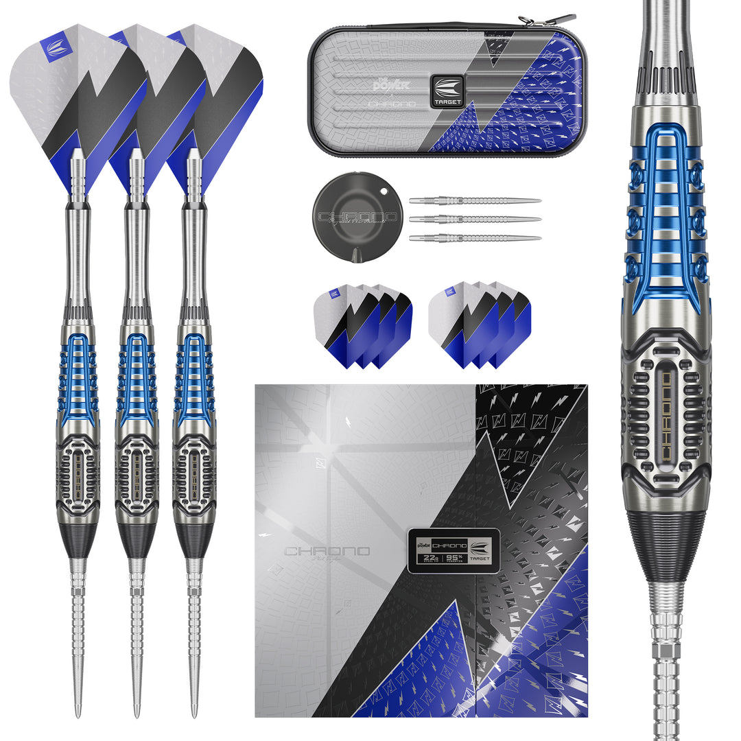 Phil Taylor Power Chrono Steel Tip Darts - 95% Tungsten – full dart set and packaging
