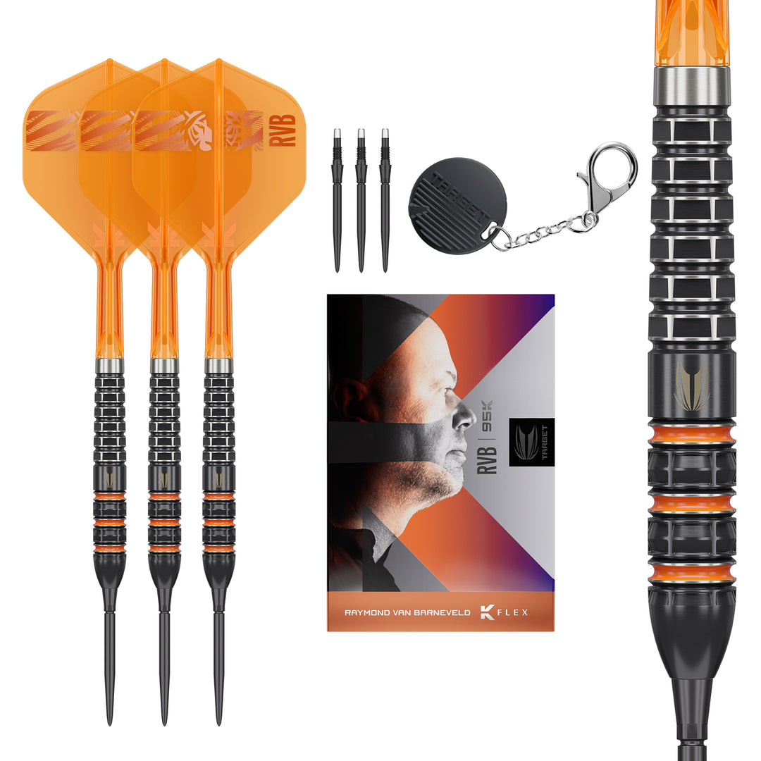 RVB 95K Steel Tip Darts - 95% Tungsten – complete dart set and presentation packaging