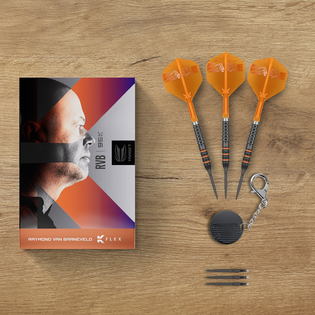 RVB 95K Steel Tip Darts - 95% Tungsten – set and packaging presentation