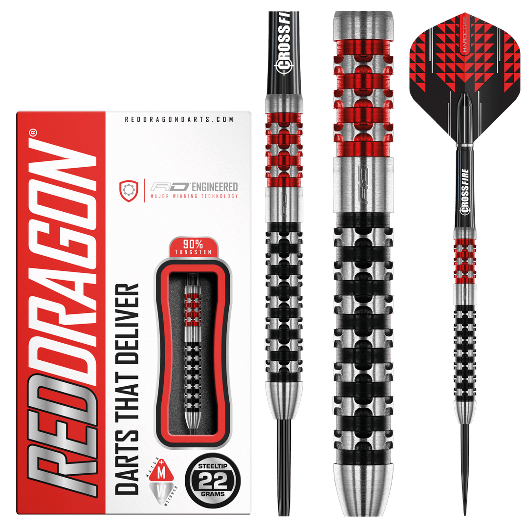 Red Dragon Crossfire Steel Tip Darts 90% Tungsten — dart, barrel detail and packaging