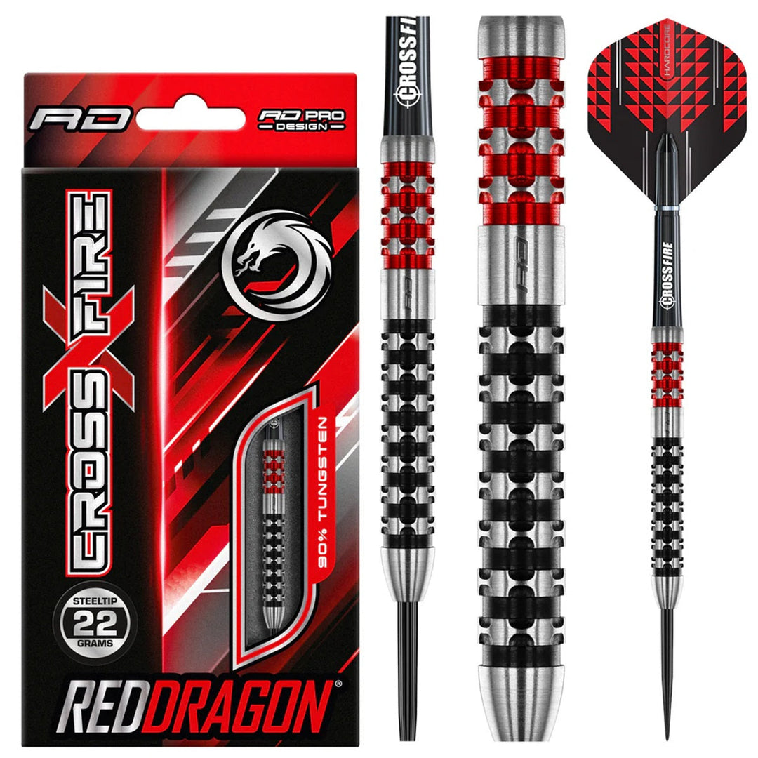 Red Dragon Crossfire Steel Tip Darts 90% Tungsten — dart, barrel detail and packaging