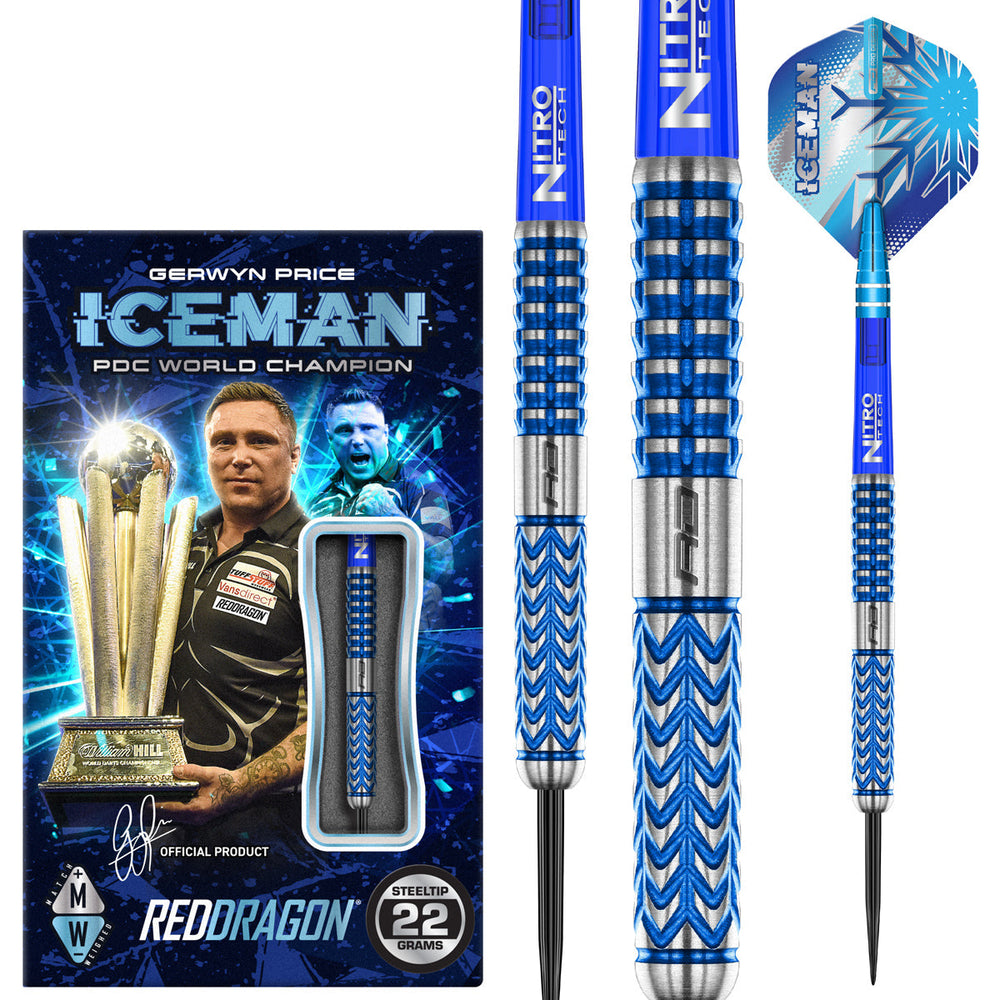 Red Dragon Gerwyn Price Glacier Steel Tip Darts 90% Tungsten — dart, barrel detail and packaging