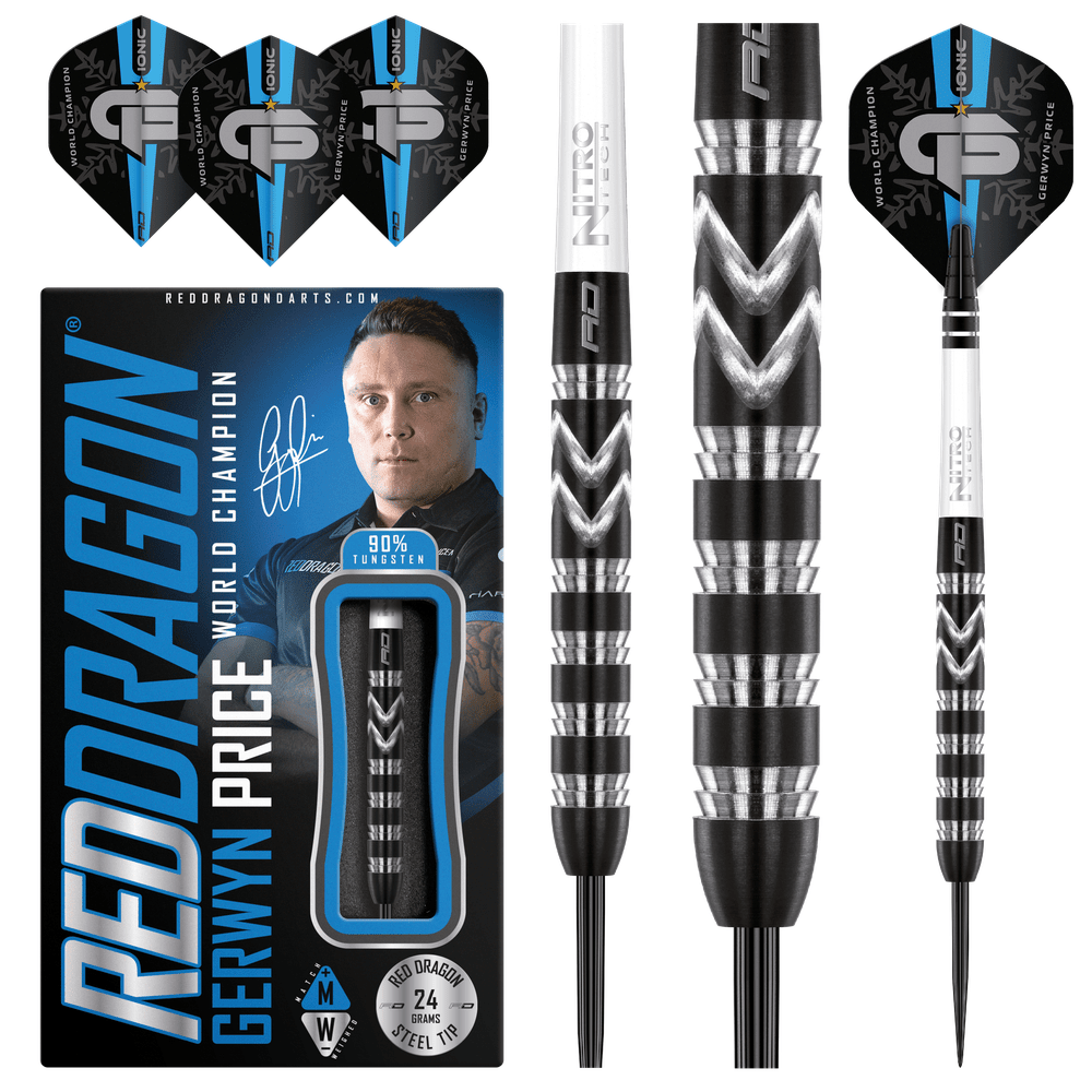 Red Dragon Gerwyn Price World Champion Se Onyx Steel Tip Darts 90% — dart, barrel detail and packaging