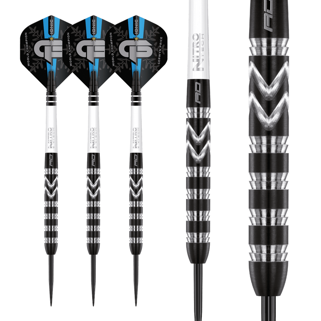 Red Dragon Gerwyn Price World Champion Se Onyx Steel Tip Darts 90% — three darts and barrel close-up