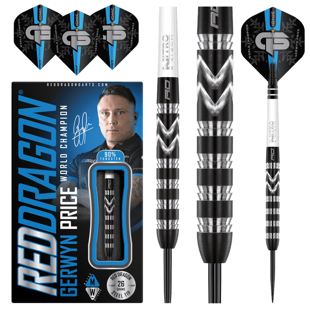 Red Dragon Gerwyn Price World Champion Se Onyx Steel Tip Darts 90% — dart, barrel detail and packaging