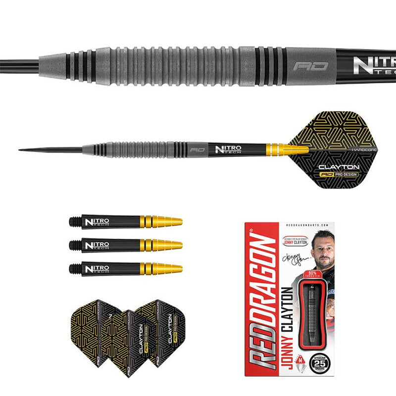 Red Dragon Jonny Clayton Oxide Edition Steel Tip Darts — set contents and packaging