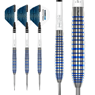 Red Dragon Luke Humphries Cool Blue Tx3 Steel Tip Darts — three darts and barrel close-up