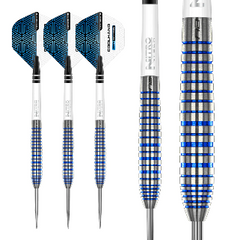 Red Dragon Luke Humphries Cool Blue Tx3 Steel Tip Darts — three darts and barrel close-up