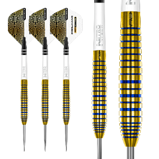 Red Dragon Luke Humphries Gold Tx3 Steel Tip Darts 90% — three darts and barrel close-up