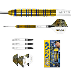 Red Dragon Luke Humphries Gold Tx3 Steel Tip Darts 90% — set contents and packaging