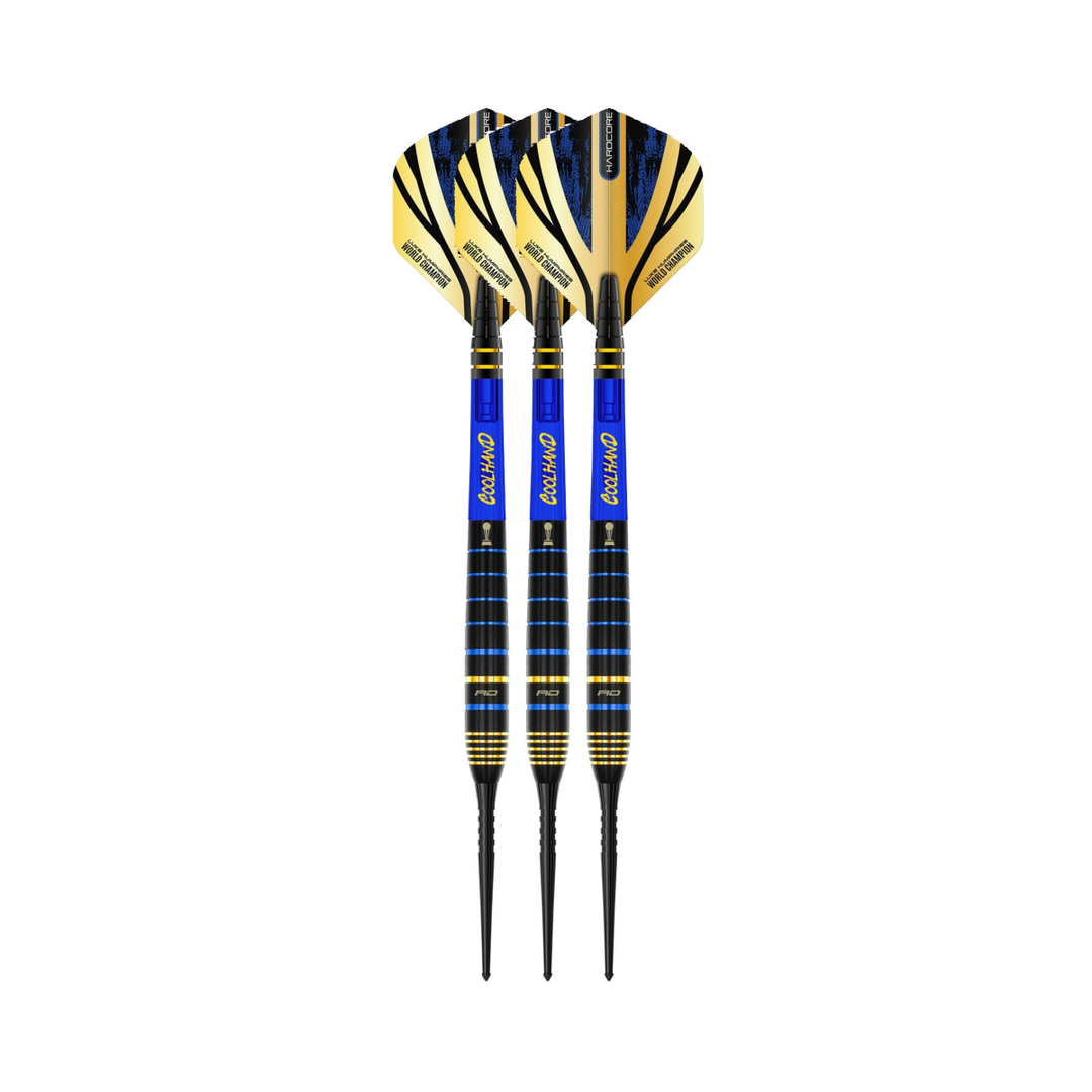Red Dragon Luke Humphries TX4 Avenger 24g steel-tip darts, three assembled darts with flights, shafts and points on a white background.