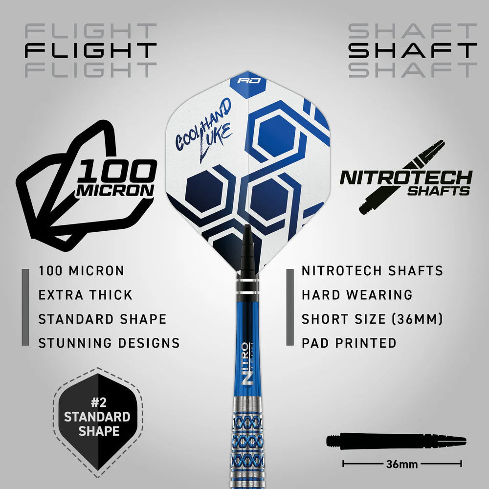 Red Dragon Luke Humphries TX5 Steel Tip Darts 90% Tungsten — flight shape and shaft length diagram
