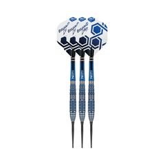 Red Dragon Luke Humphries TX5 23g steel-tip darts, three assembled darts with flights, shafts and points on a white background.