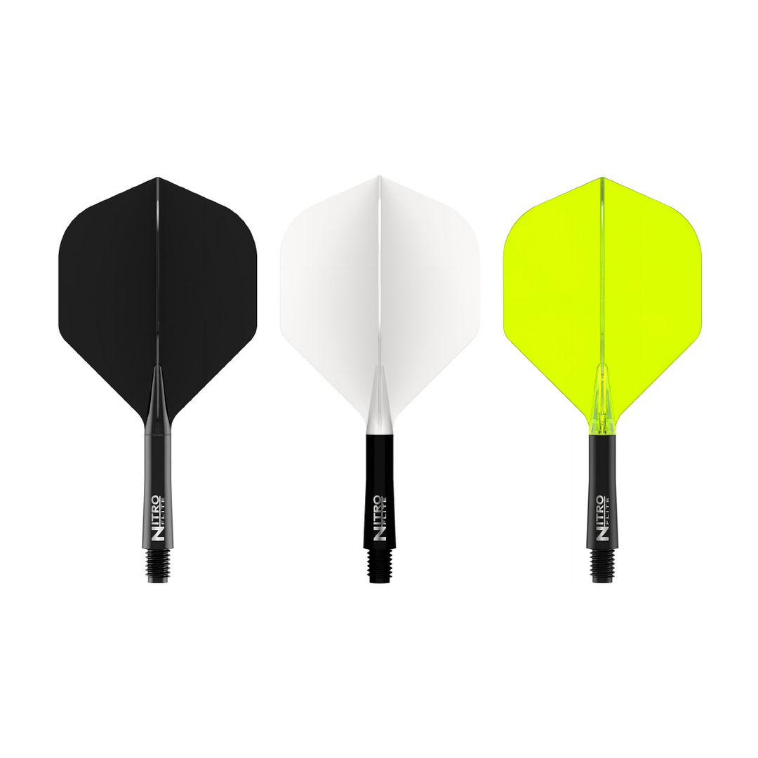 Red Dragon Nitro Flite No.2 integrated flights and shafts in Black/Black, White/Black and Black/Yellow; one of each offered colour combination shown on white. Colour options sold separately.