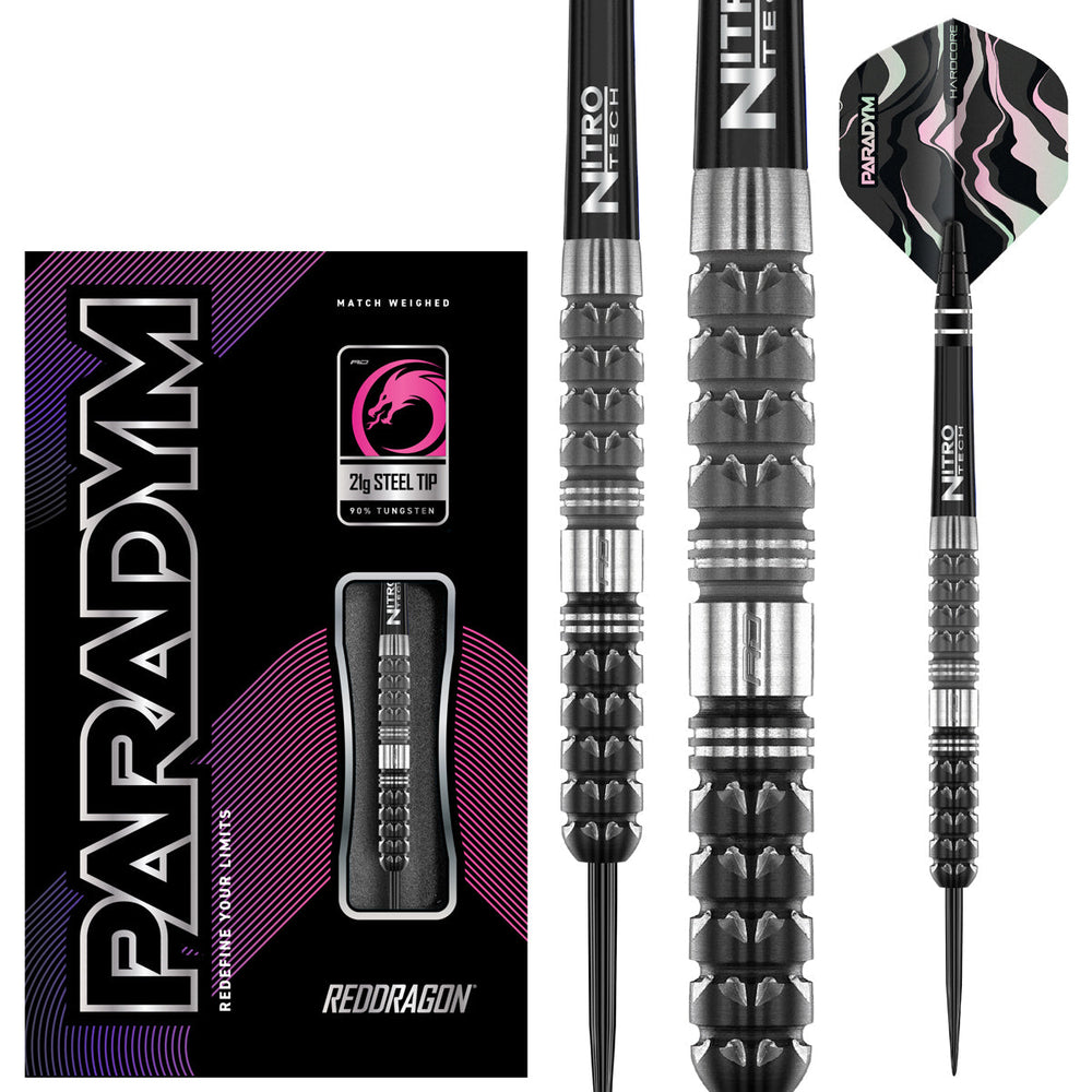 Red Dragon Paradym Tapered Steel Tip Darts 90% Tungsten — dart, barrel detail and packaging