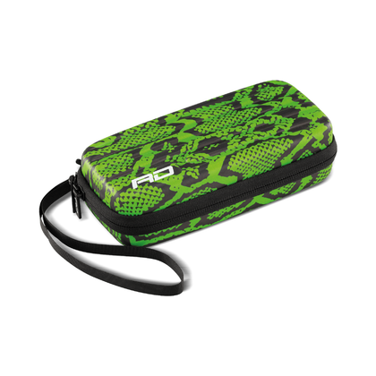 Red Dragon Peter Wright Snakebite Monza dart case, X0569; one complete closed green snakeskin case with wrist strap on white. Case only, darts not included.